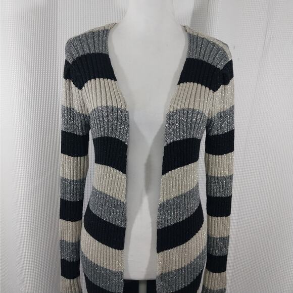 VENUS! BLACK/GRAY/SILVER METALLIC RIBBED KNIT DUSTER LENGTH CARDI SWEATER! SZ S - Picture 4 of 13